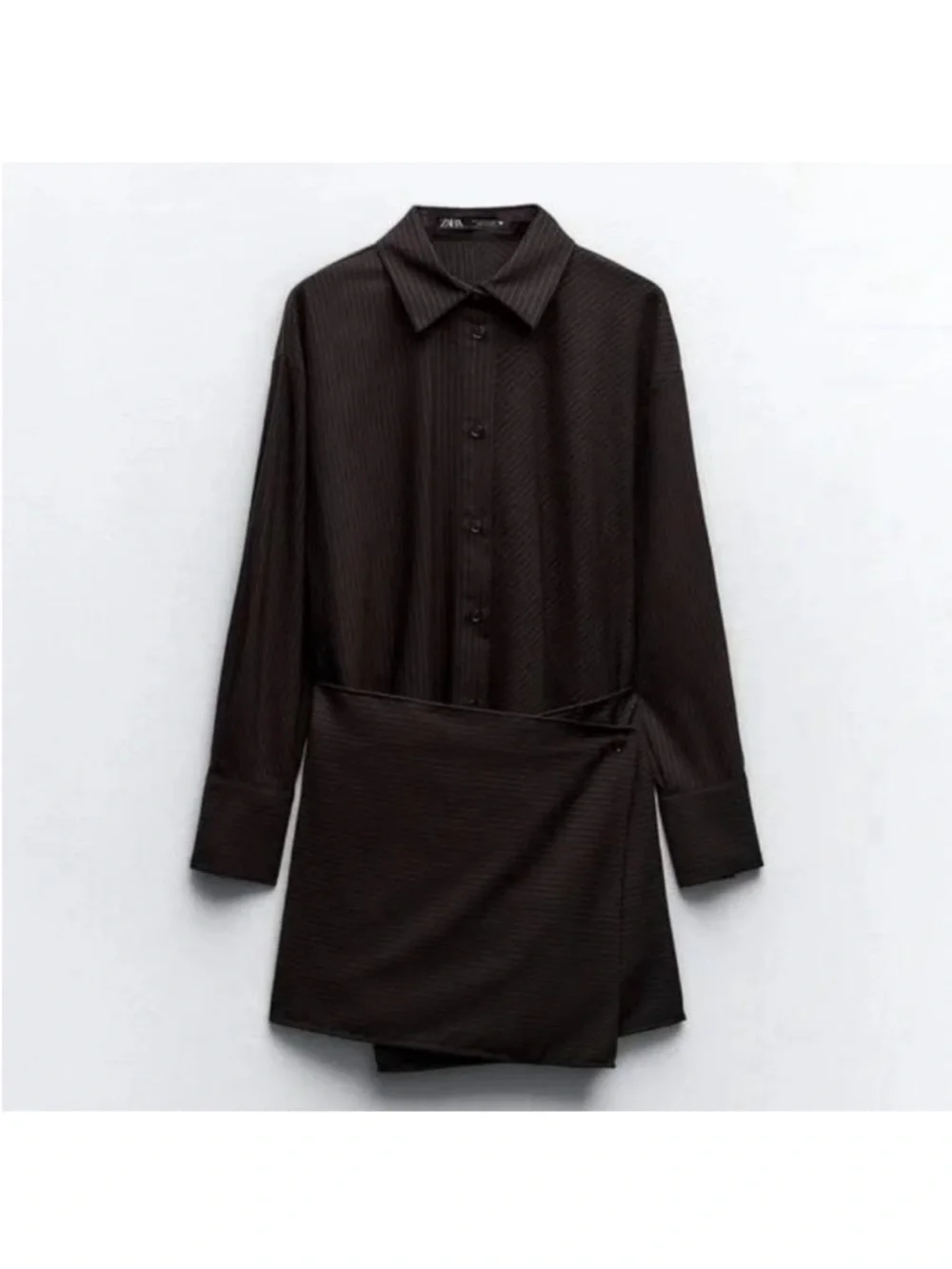 Zara Black Long-Sleeve Button-Up Tunic with Asymmetrical Wrap Hem - Picture 1 of 3